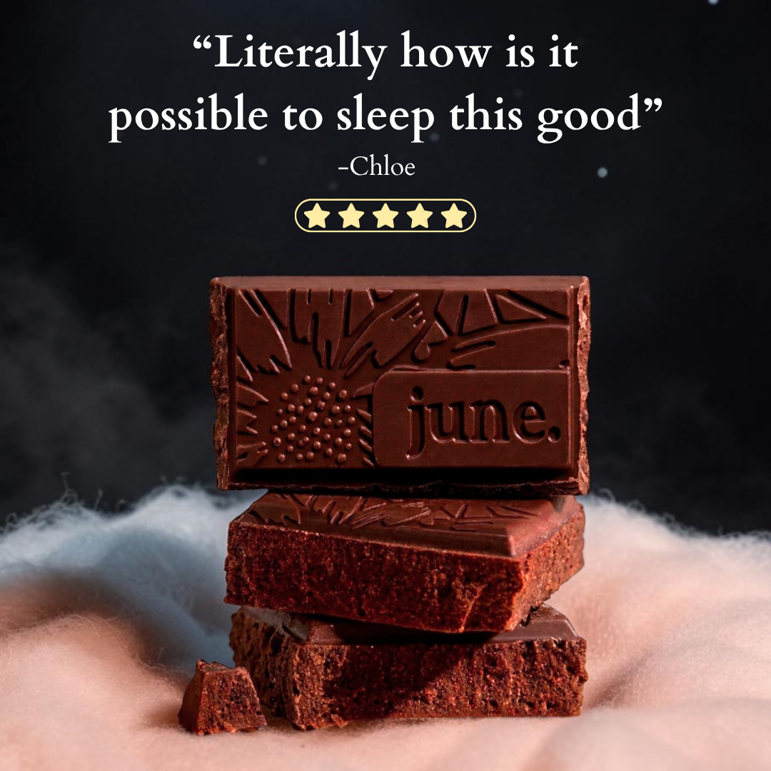 Close-up of a June Deep Sleep dark chocolate square