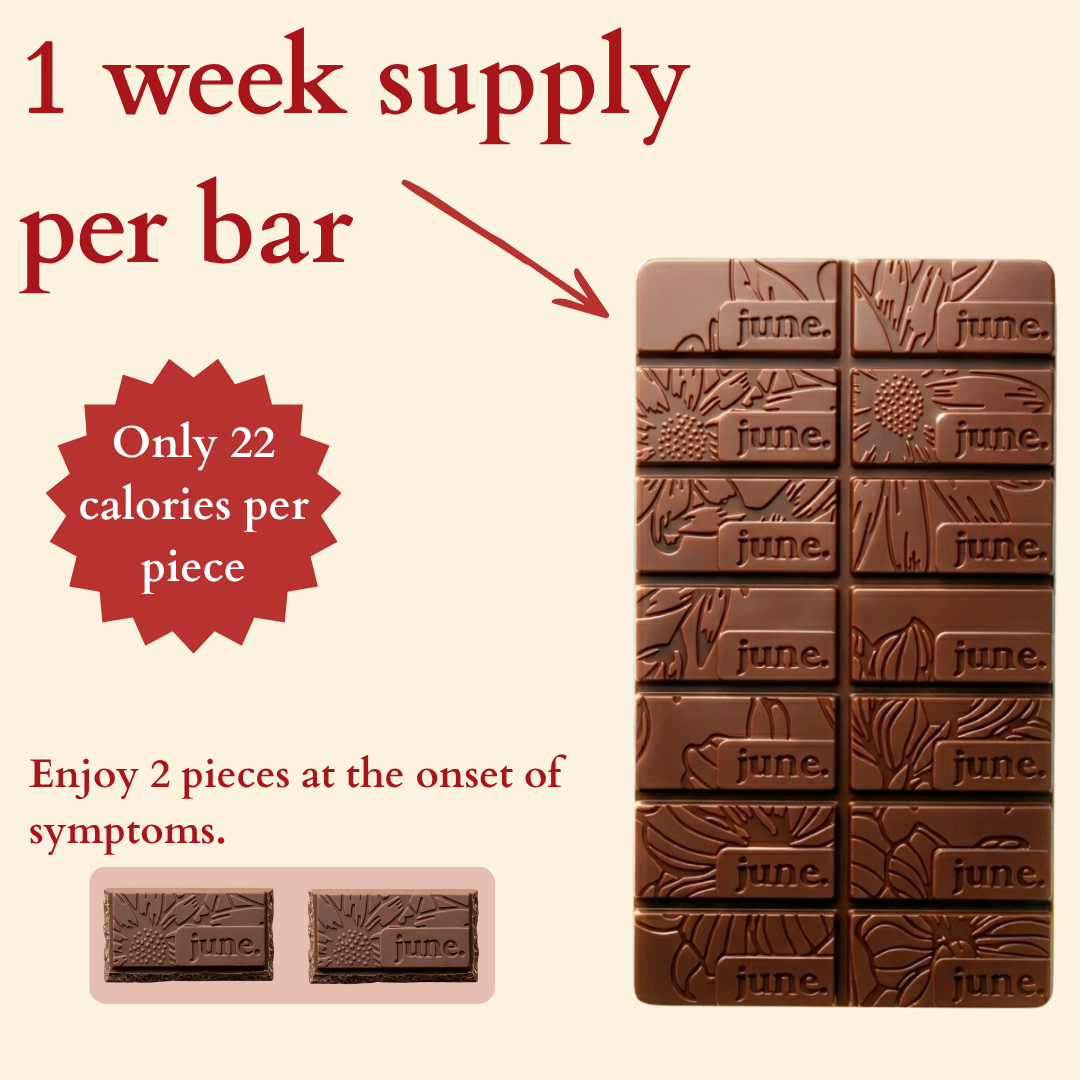 June PMS Relief chocolate tin with 7 servings for period symptom support