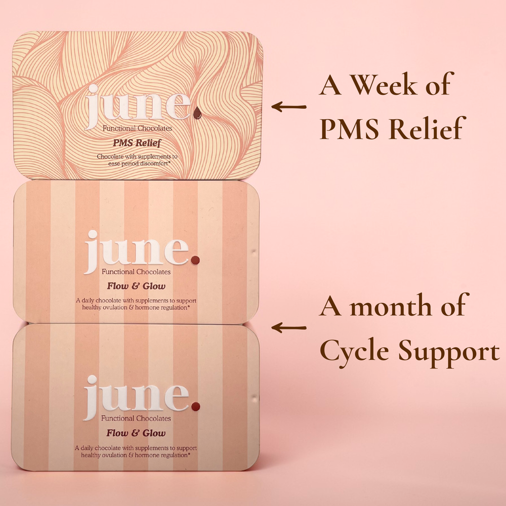 June Cycle & PMS Bundle with Flow & Glow and PMS Relief chocolate tins