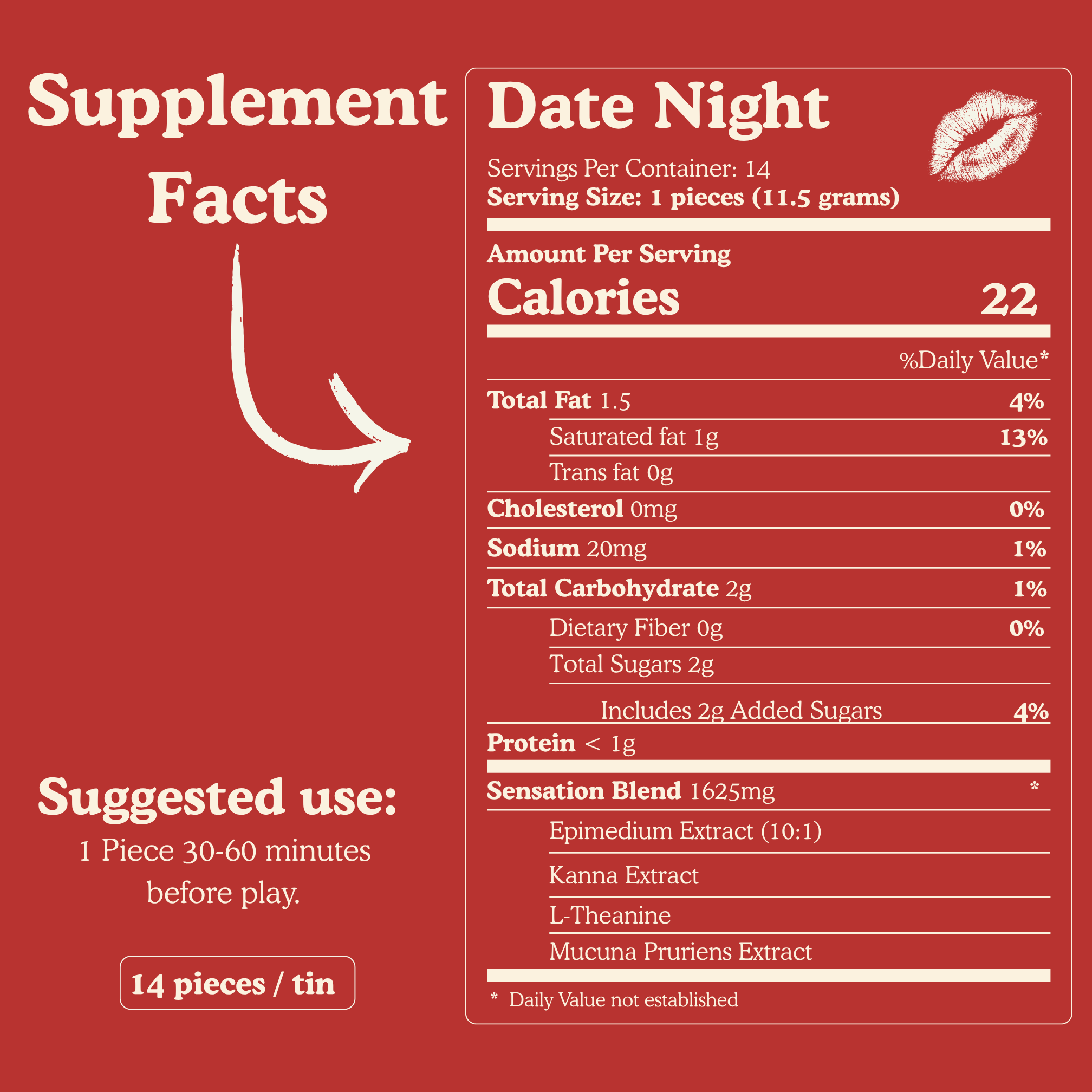 Supplement facts panel for June Date Night functional chocolate