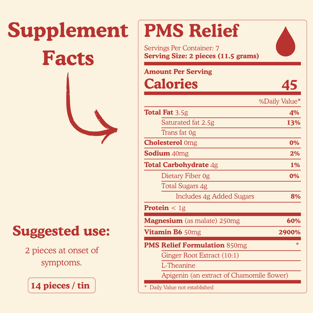 Supplement facts panel for June PMS Relief functional chocolate
