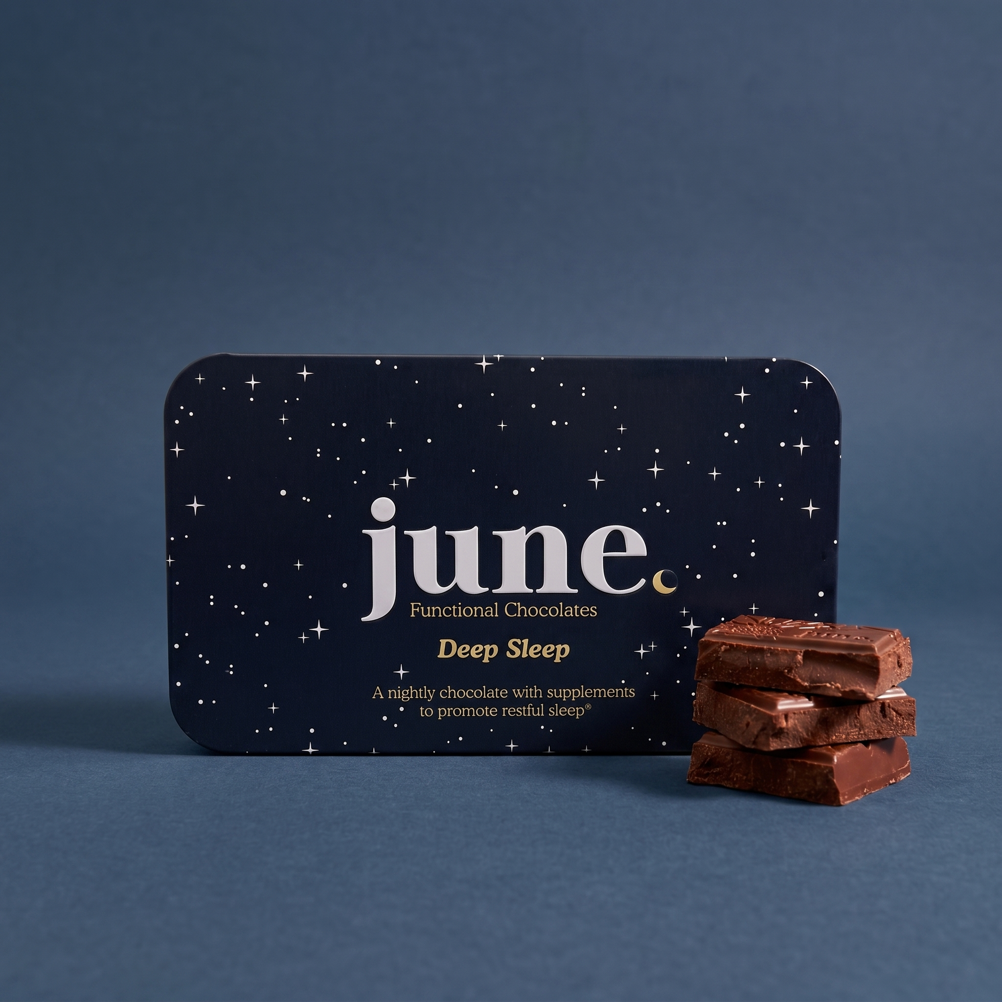 June Deep Sleep functional chocolate tin for restful sleep on a soft neutral background