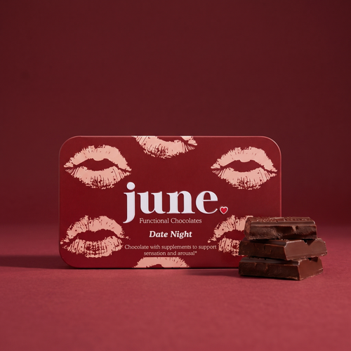 June Date Night functional chocolate tin for intimacy and connection on a soft background